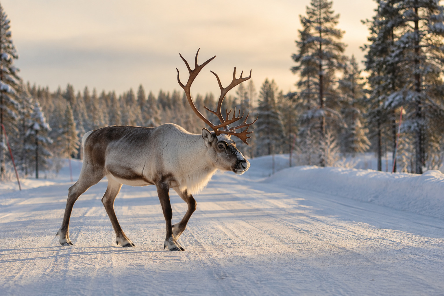 Reindeer crossing a snow-covered road in Finnish Lapland