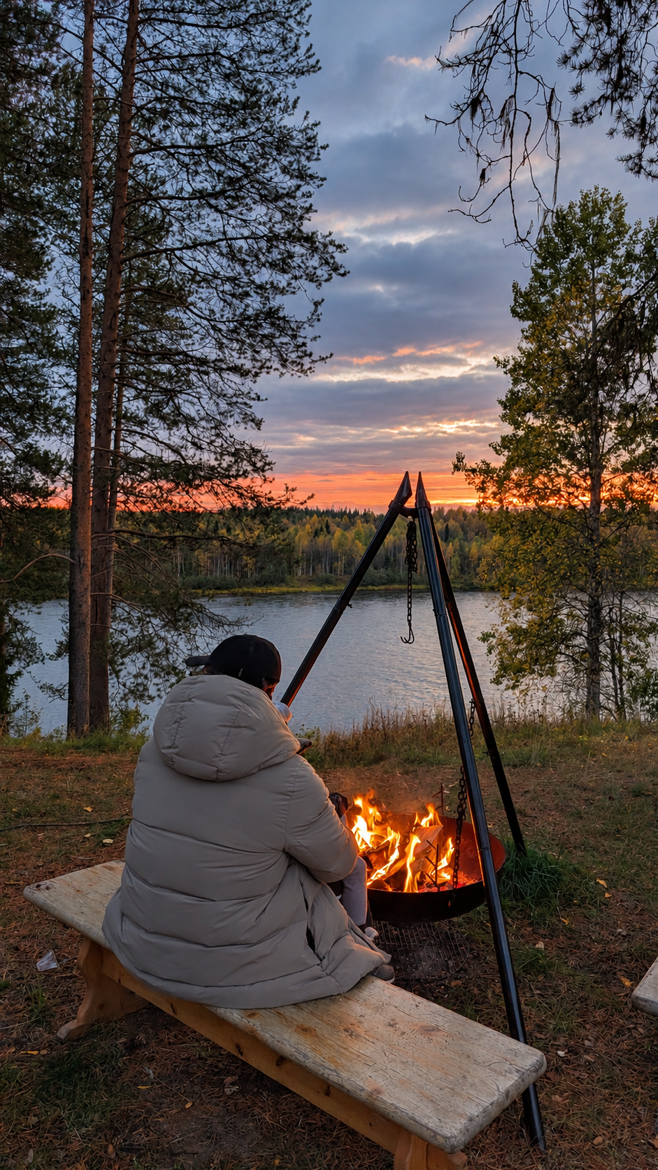 A quiet campfire beside a river at sunset in Finnish Lapland