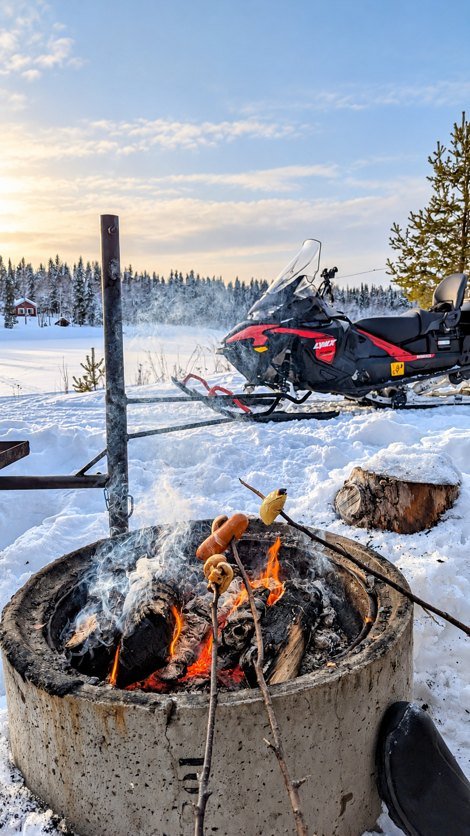 Cooking sausages over a winter campfire beside a snowmobile in Lapland