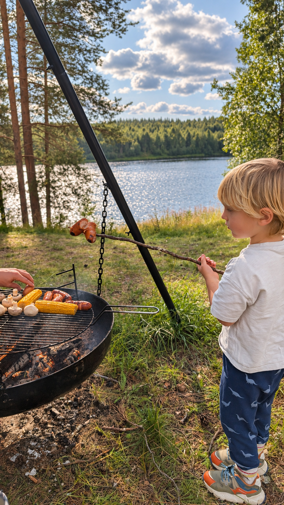 A child cooking sausages over a campfire beside a river in Finnish Lapland