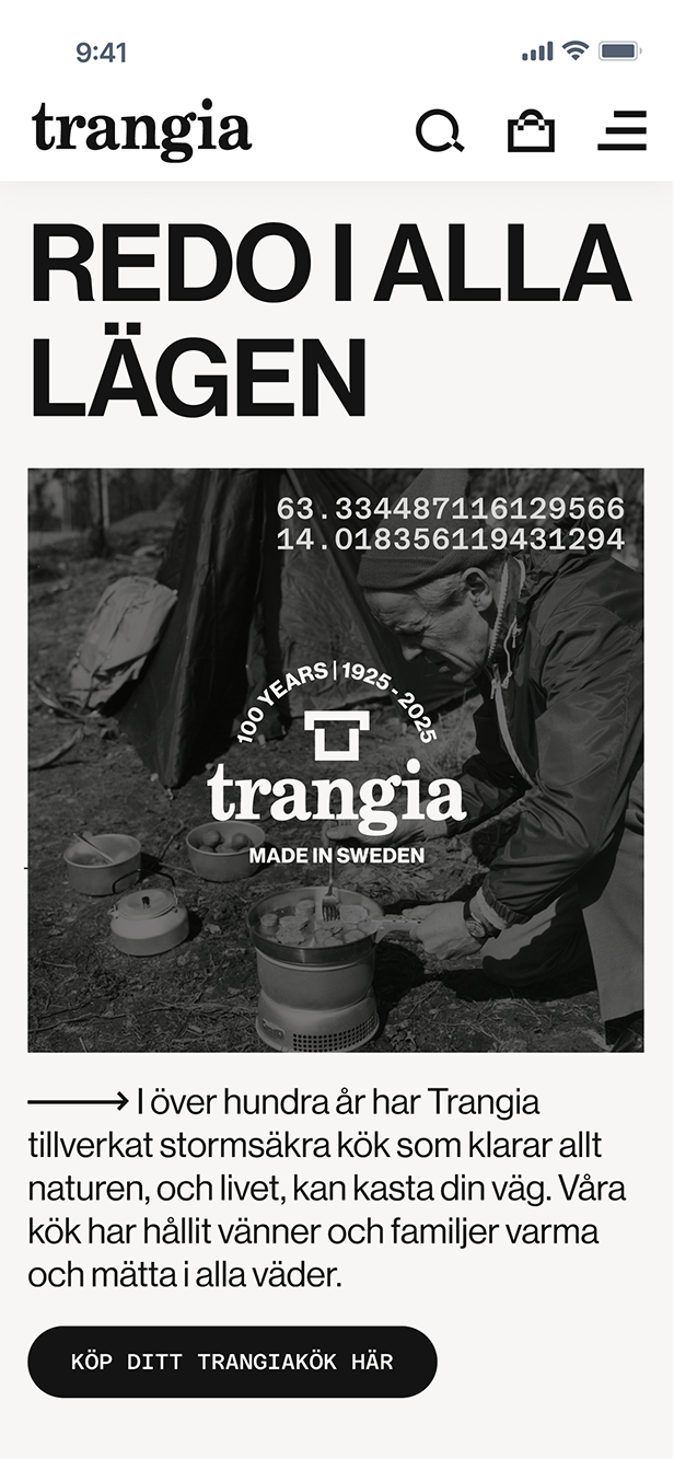 Images of Trangia website on mobile version