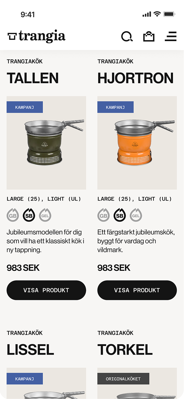 Images of Trangia website on mobile version