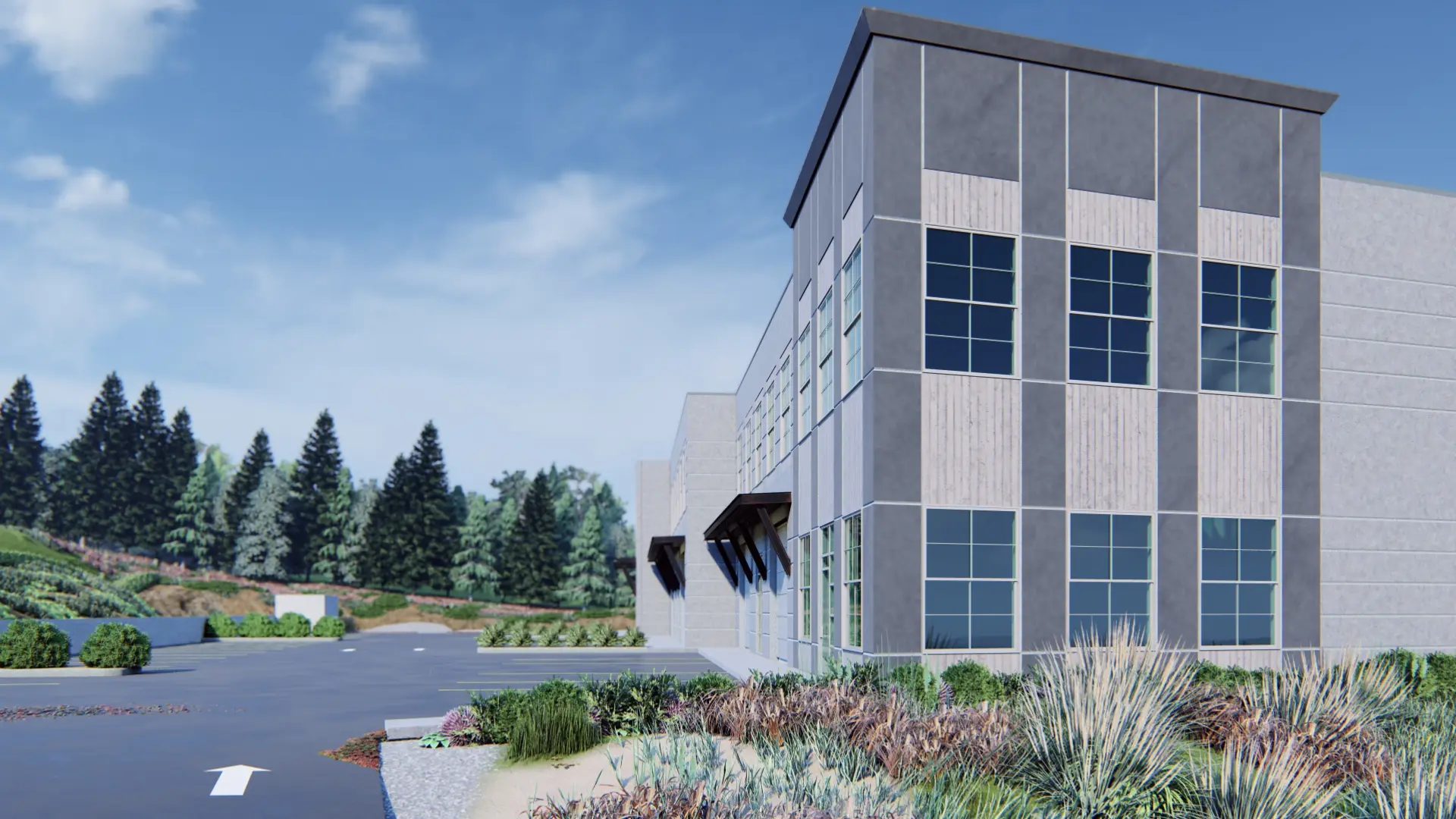 Architectural rendering of a contemporary industrial facility with large windows, landscaped surroundings, and a parking lot, set against a backdrop of trees and blue sky.