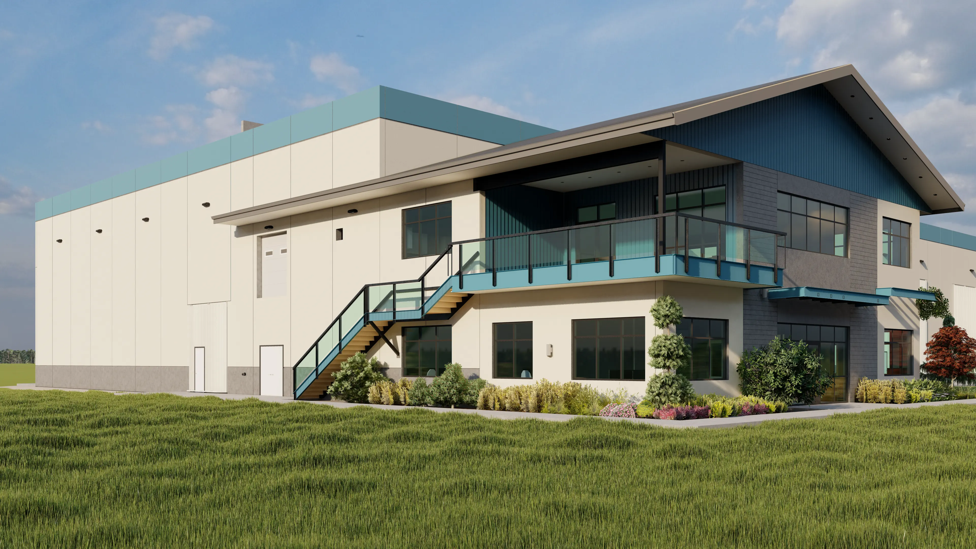 Architectural rendering of a modern industrial building with a two-story office section, outdoor staircase, and landscaped surroundings.