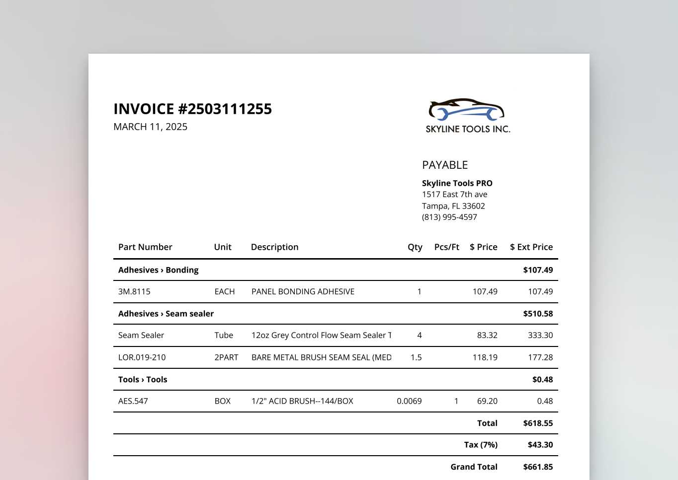 Invoicing for Material