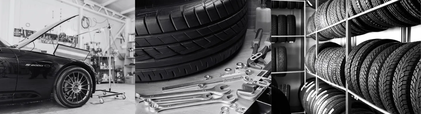 1. A black sports car with an open hood, revealing tools and a clean workshop background.
2. Close-up of high-performance tires in a garage, showcasing their tread patterns and quality.
3. A well-organized shelf filled with various car tires, neatly arranged for easy access.