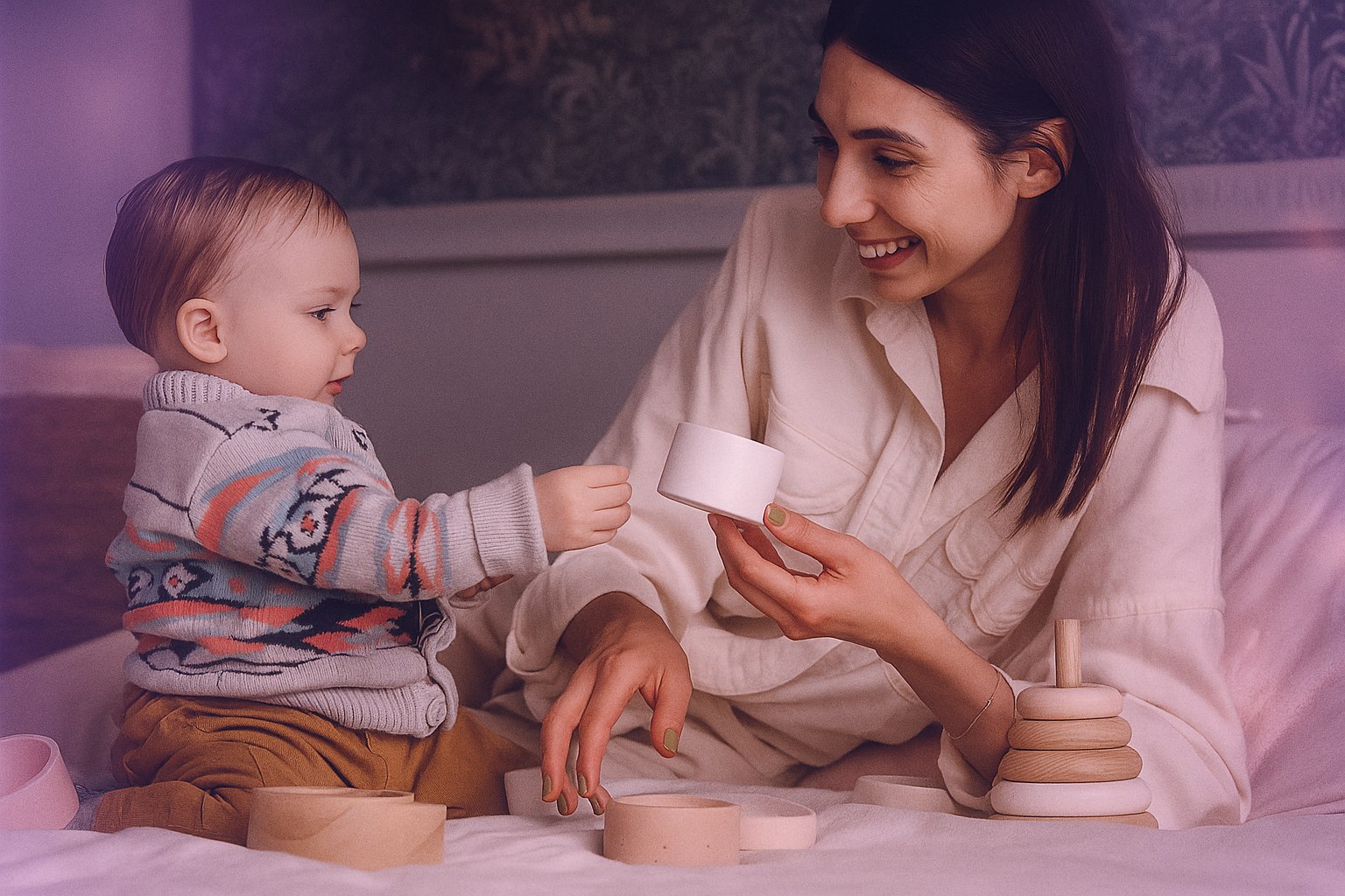 An adult and a young child playing together with wooden learning toys at home