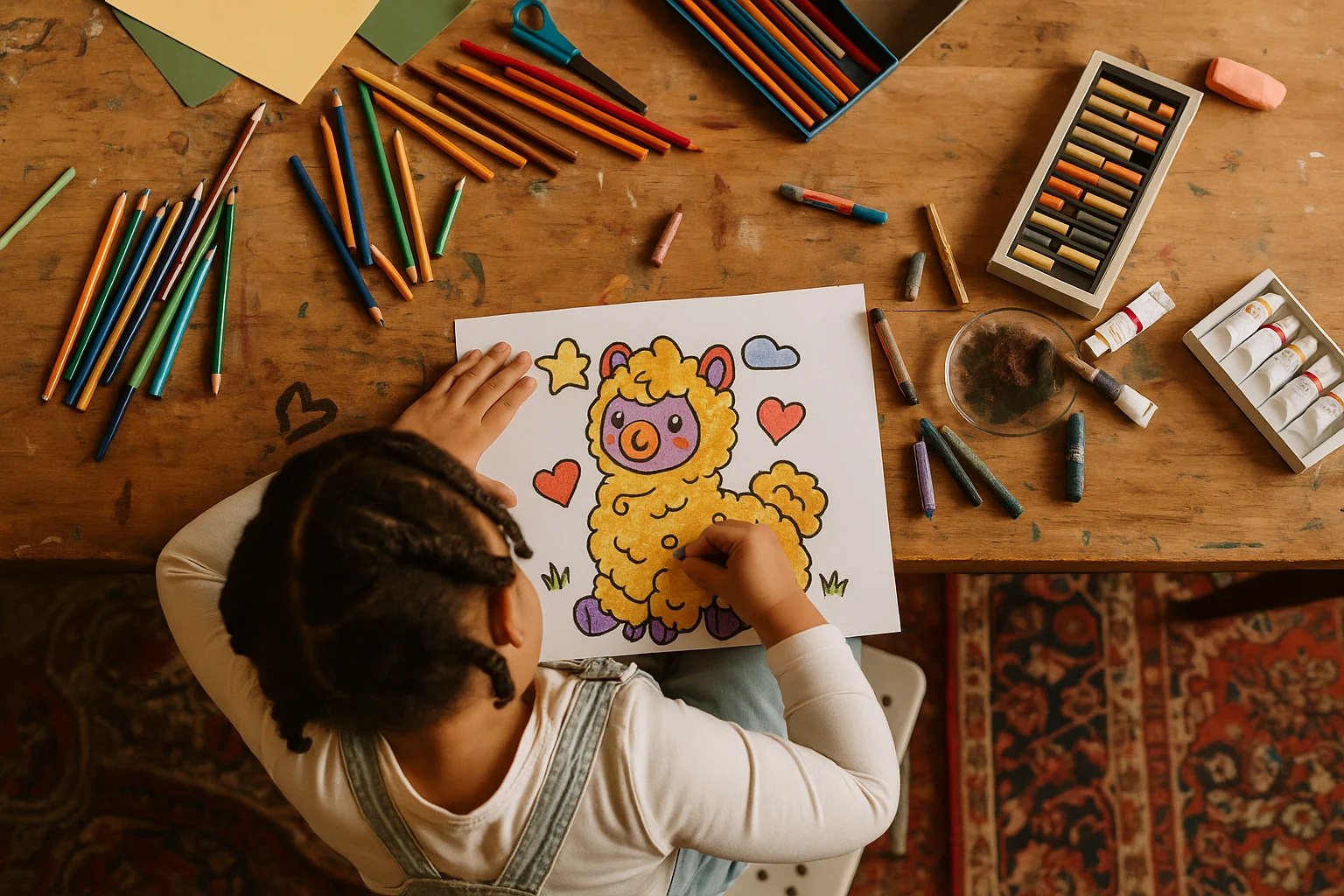 A child coloring an Alpaca Health alpaca sheet at an art desk