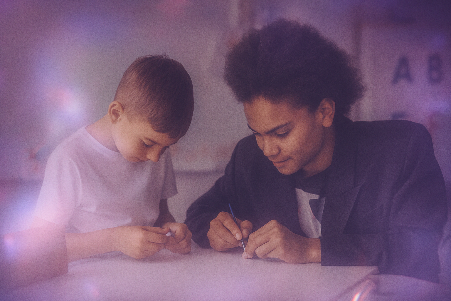 A behavior technician working one-on-one with a child at a table