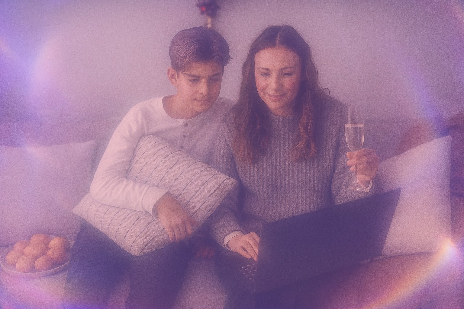 A parent and teenager on the couch going through the questionnaire together on a laptop