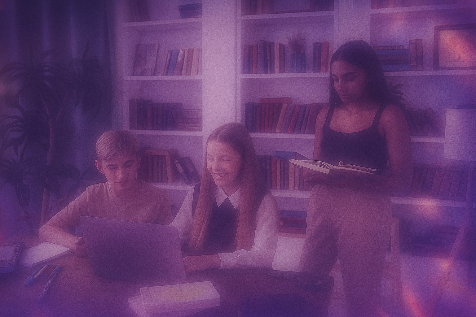 Teenagers in a study session together with a laptop and books