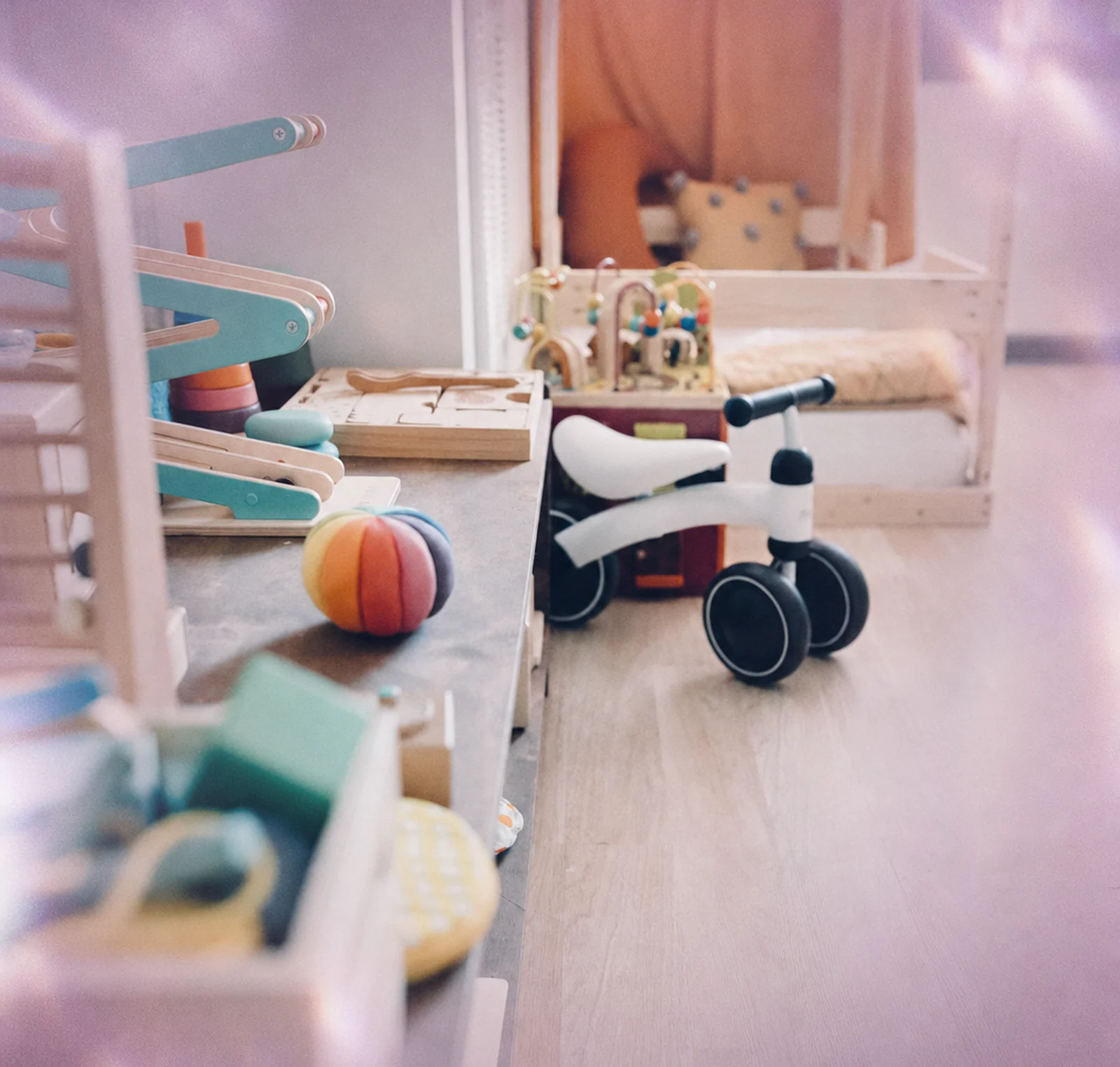 A bright therapy room set up with wooden toys