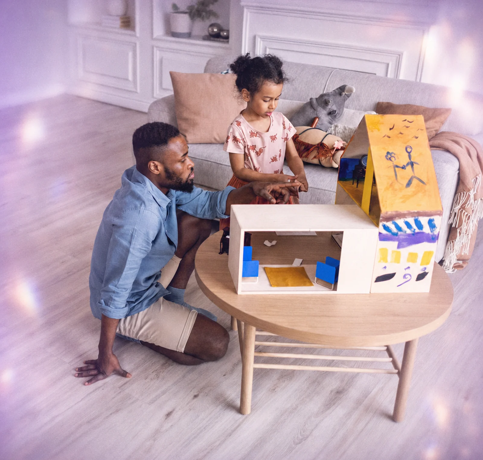 A parent and child playing a memory game together at a kitchen table