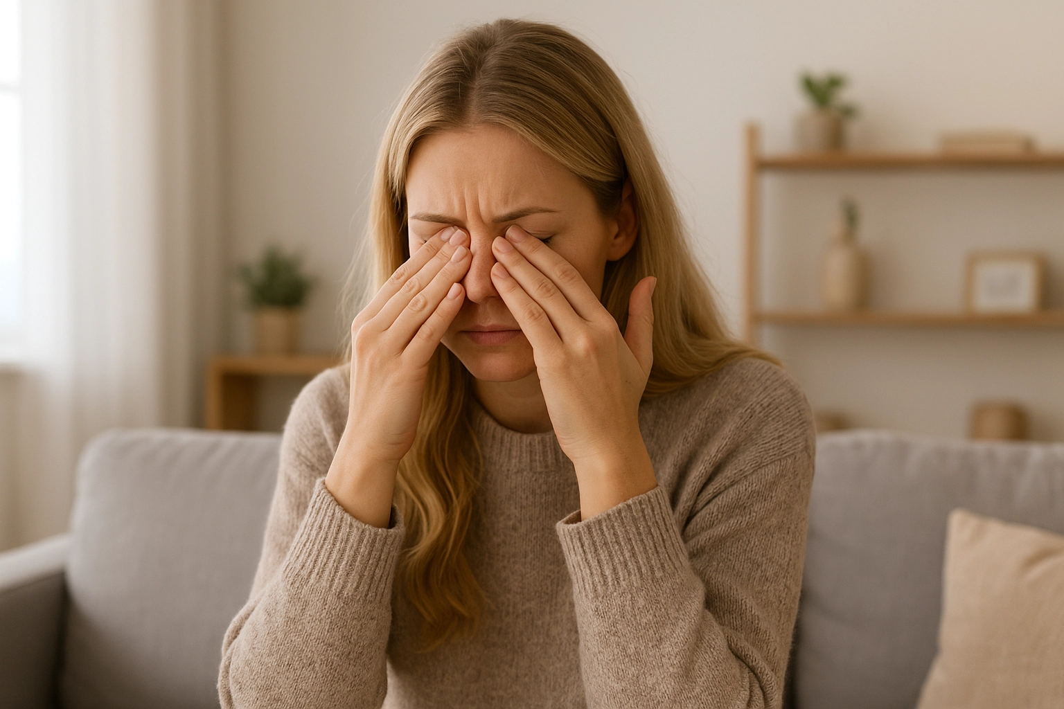 Woman rubbing her eyes while sitting on a sofa, showing signs of eye strain, fatigue, or discomfort at home