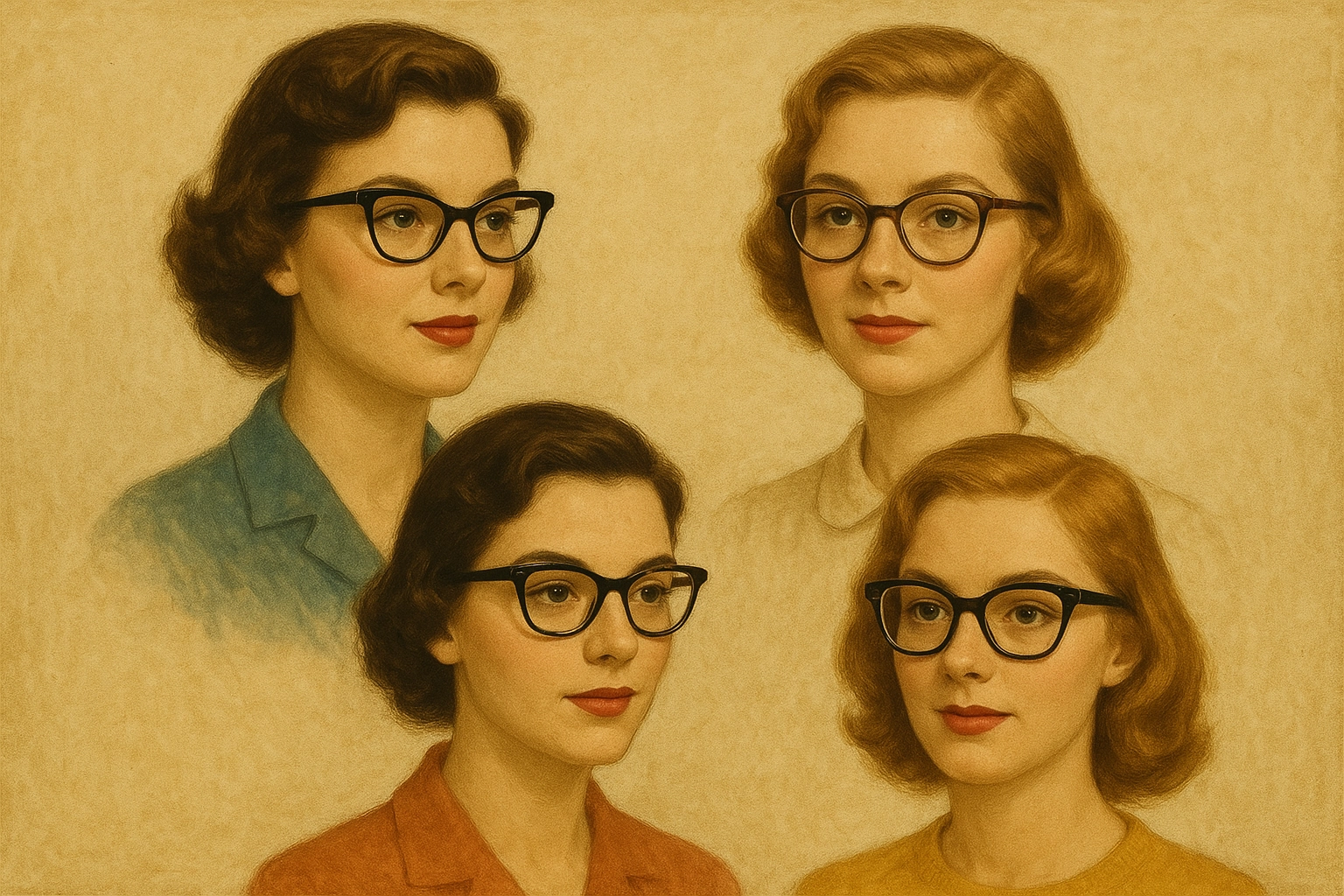 Vintage-style illustration featuring four women wearing classic black eyeglass frames, showcasing timeless eyewear fashion and retro elegance