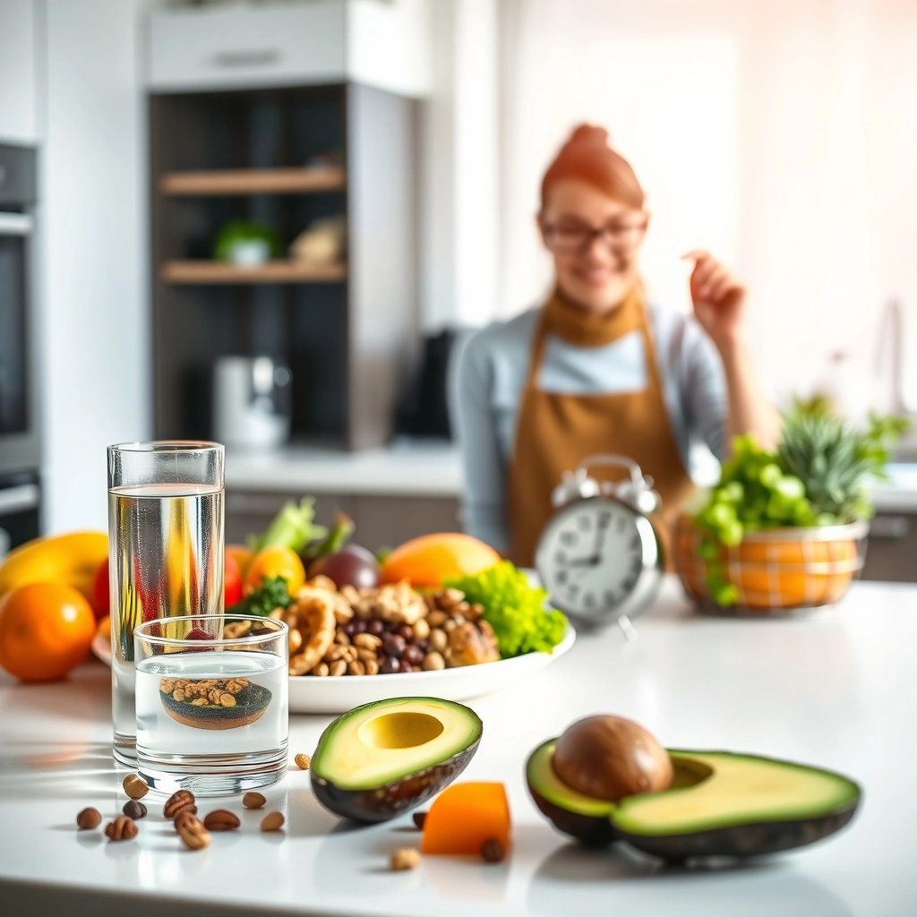 Healthy foods including avocado, nuts, fruit, and water displayed on a kitchen counter, promoting nutrition and overall wellbeing