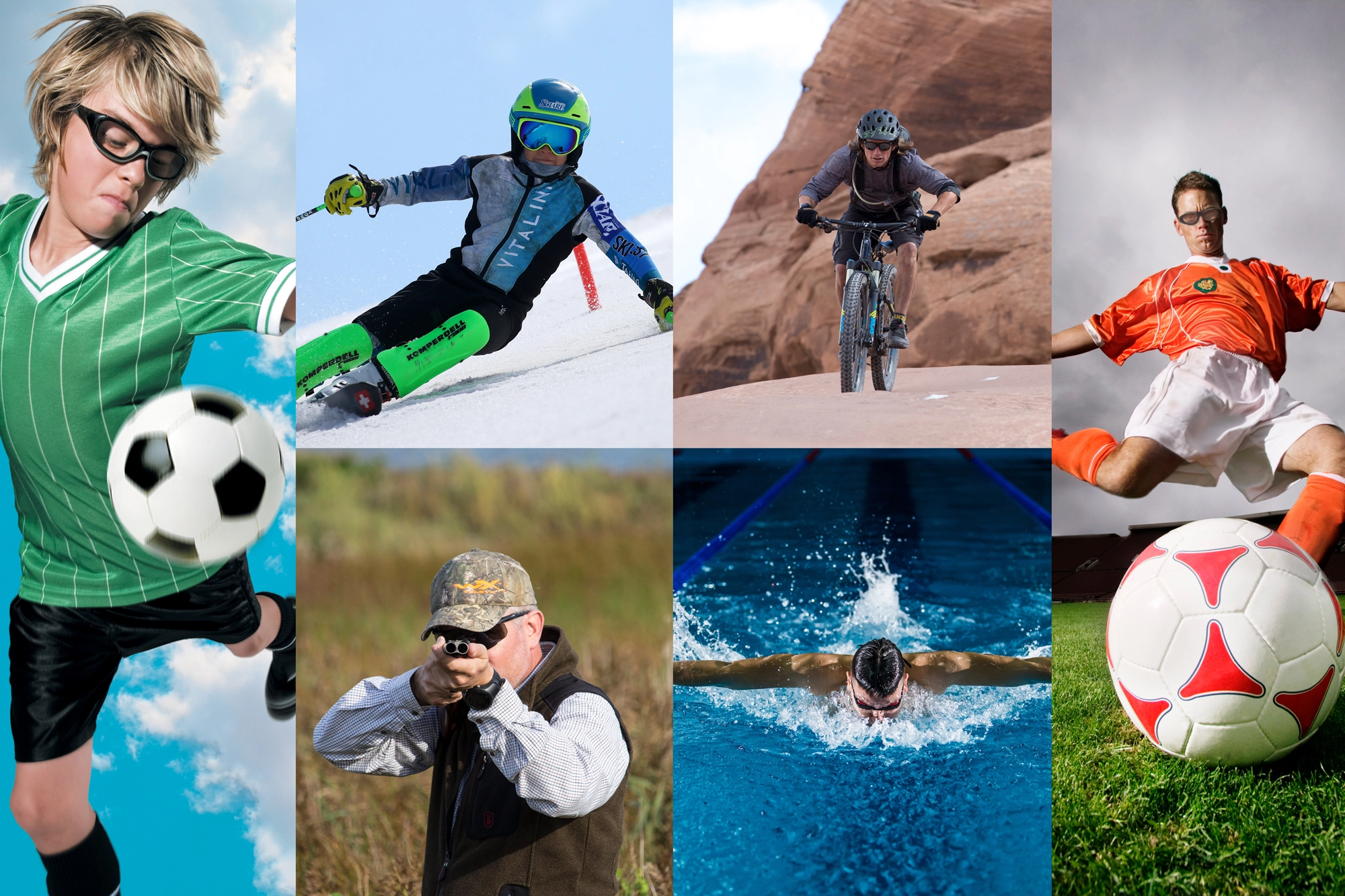 Collage of athletes participating in football, skiing, mountain biking, shooting sports, swimming, and other activities while wearing protective sports eyewear