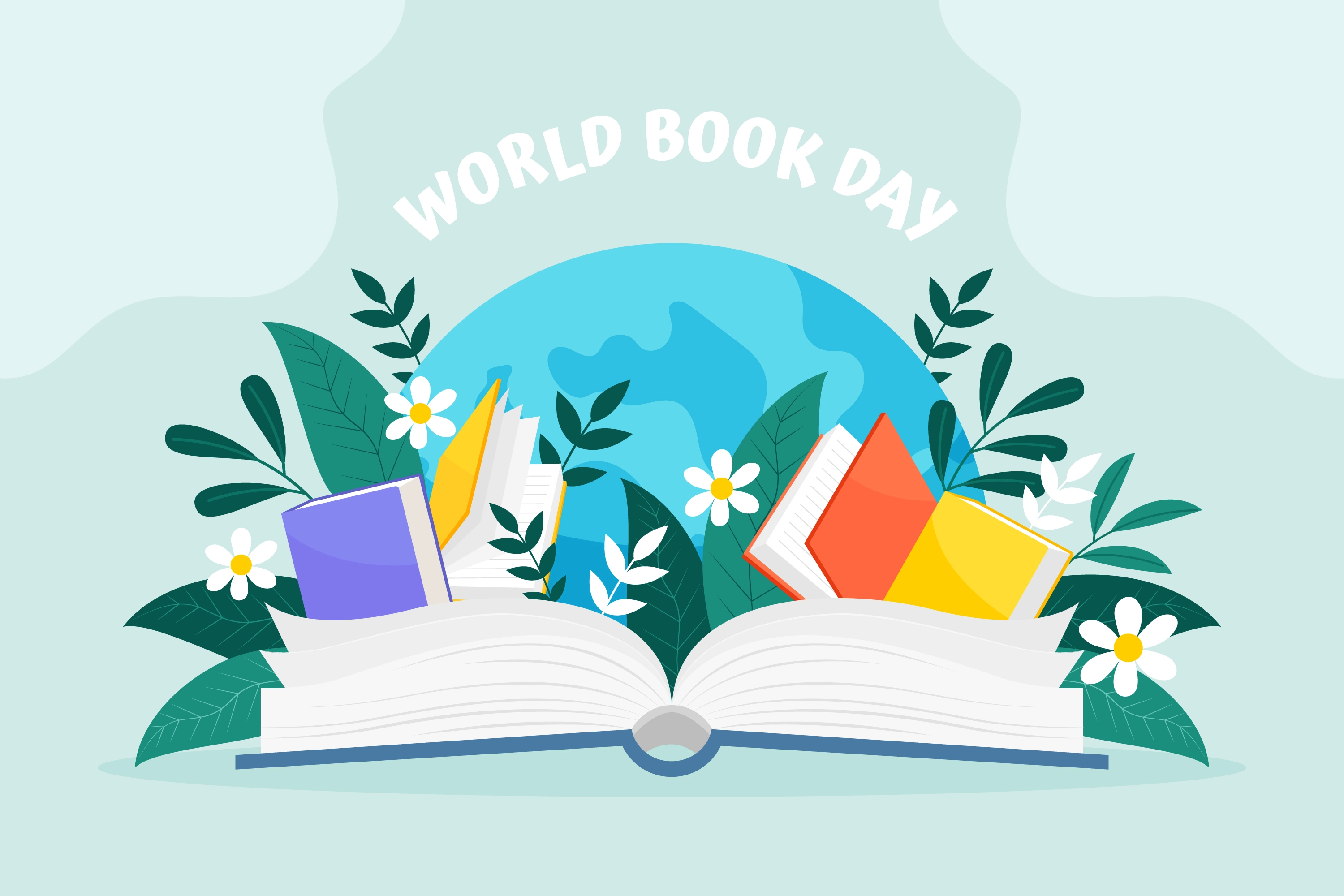Illustration celebrating World Book Day featuring an open book surrounded by colourful books, flowers, and leaves