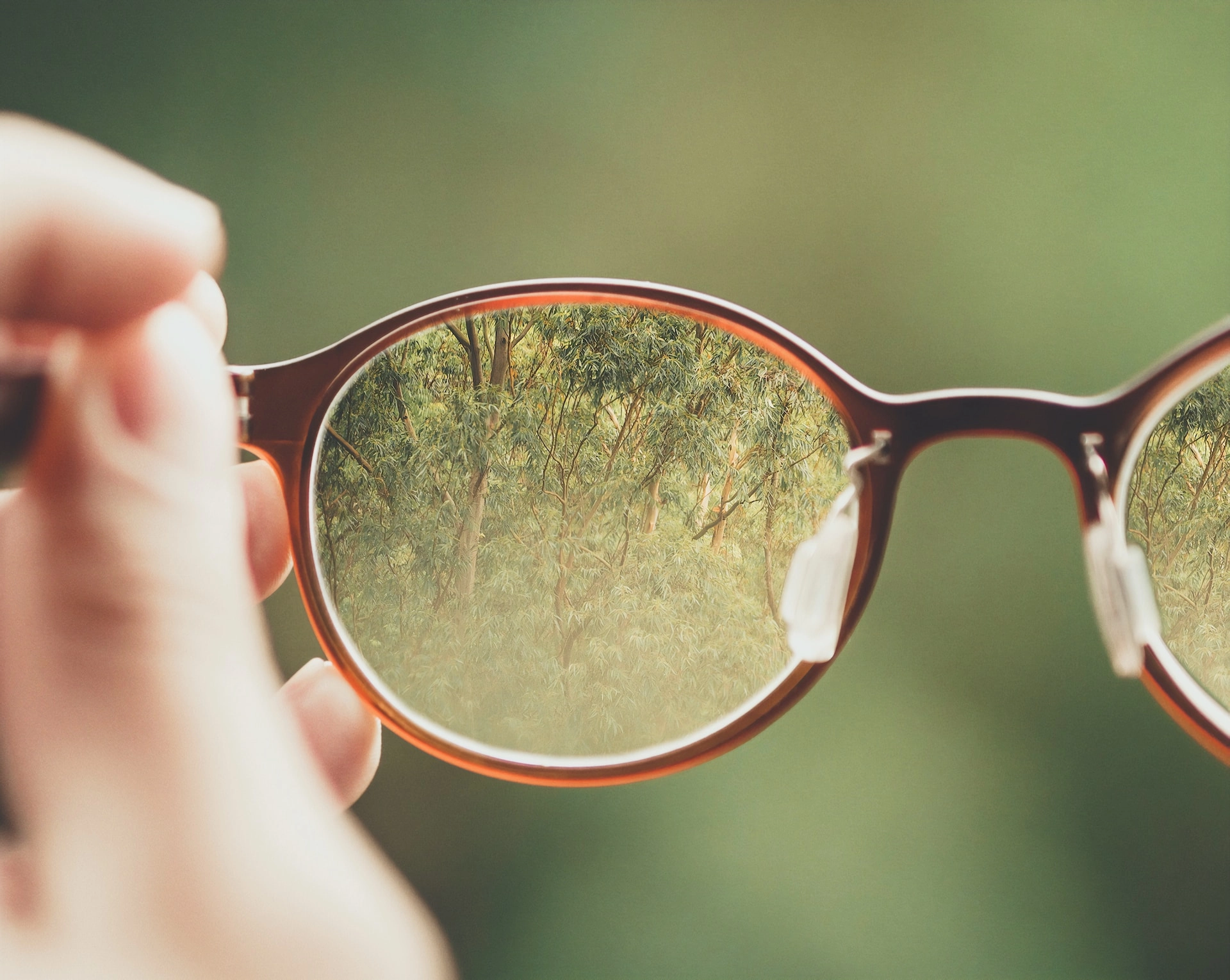 Hand holding a pair of eyeglasses with a clear view of trees visible through the lenses against a soft green background