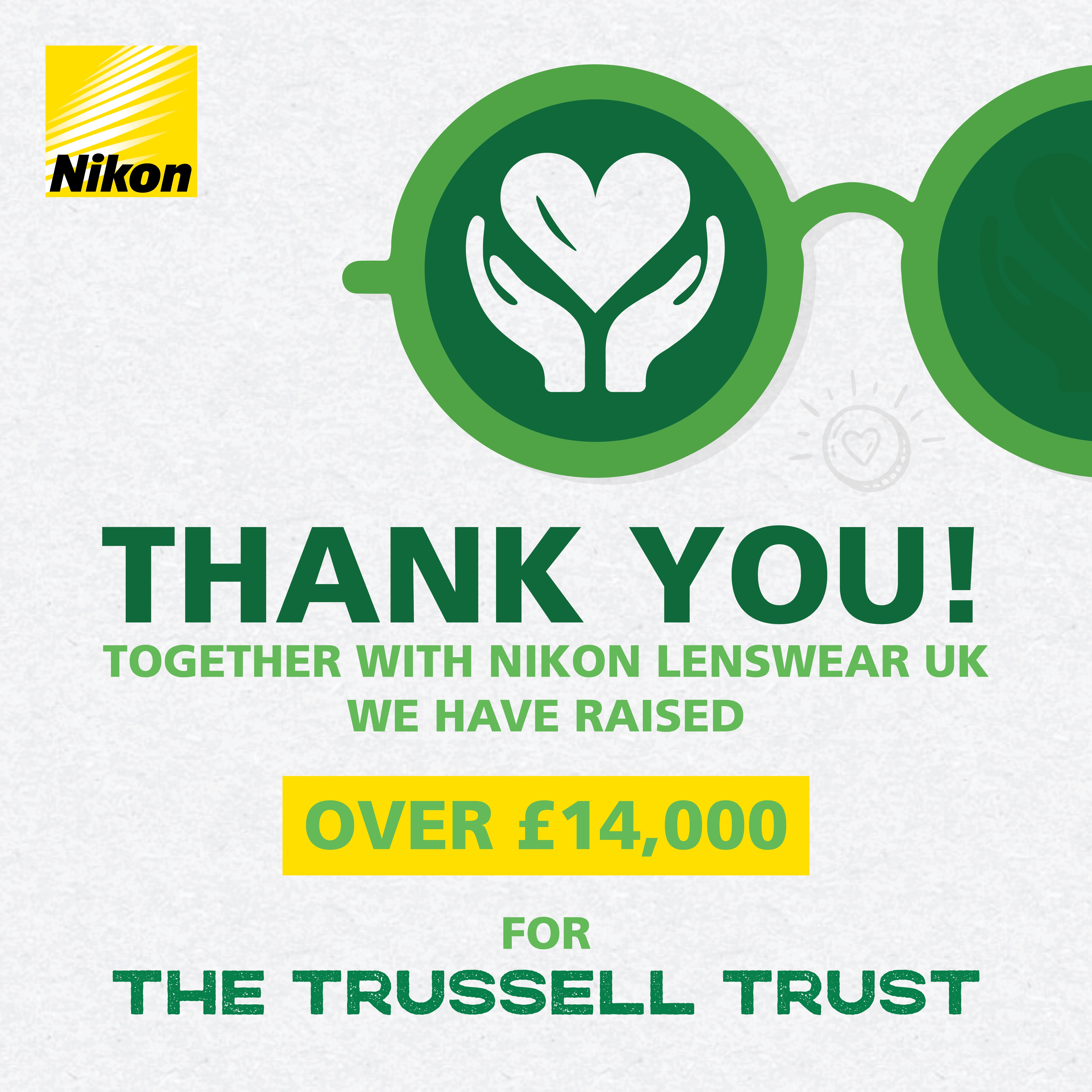 Thank you graphic celebrating a charity fundraising partnership with Nikon Lenswear UK, highlighting over £14,000 raised for The Trussell Trust