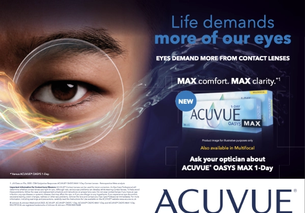 Close-up of an eye alongside ACUVUE OASYS MAX 1-Day contact lenses, highlighting comfort, clarity, and advanced vision correction