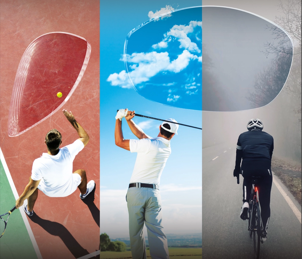 Illustration showing specialised eyewear lenses designed for different activities, including tennis, golf, and cycling, to enhance visual performance