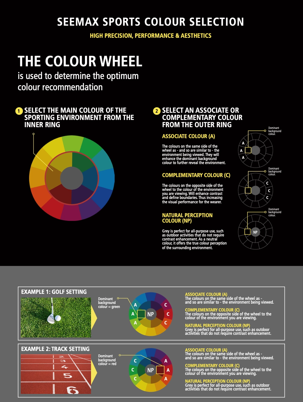 Seemax Sports lens colour selection wheel infographic showing how to choose tints for different sporting environments
