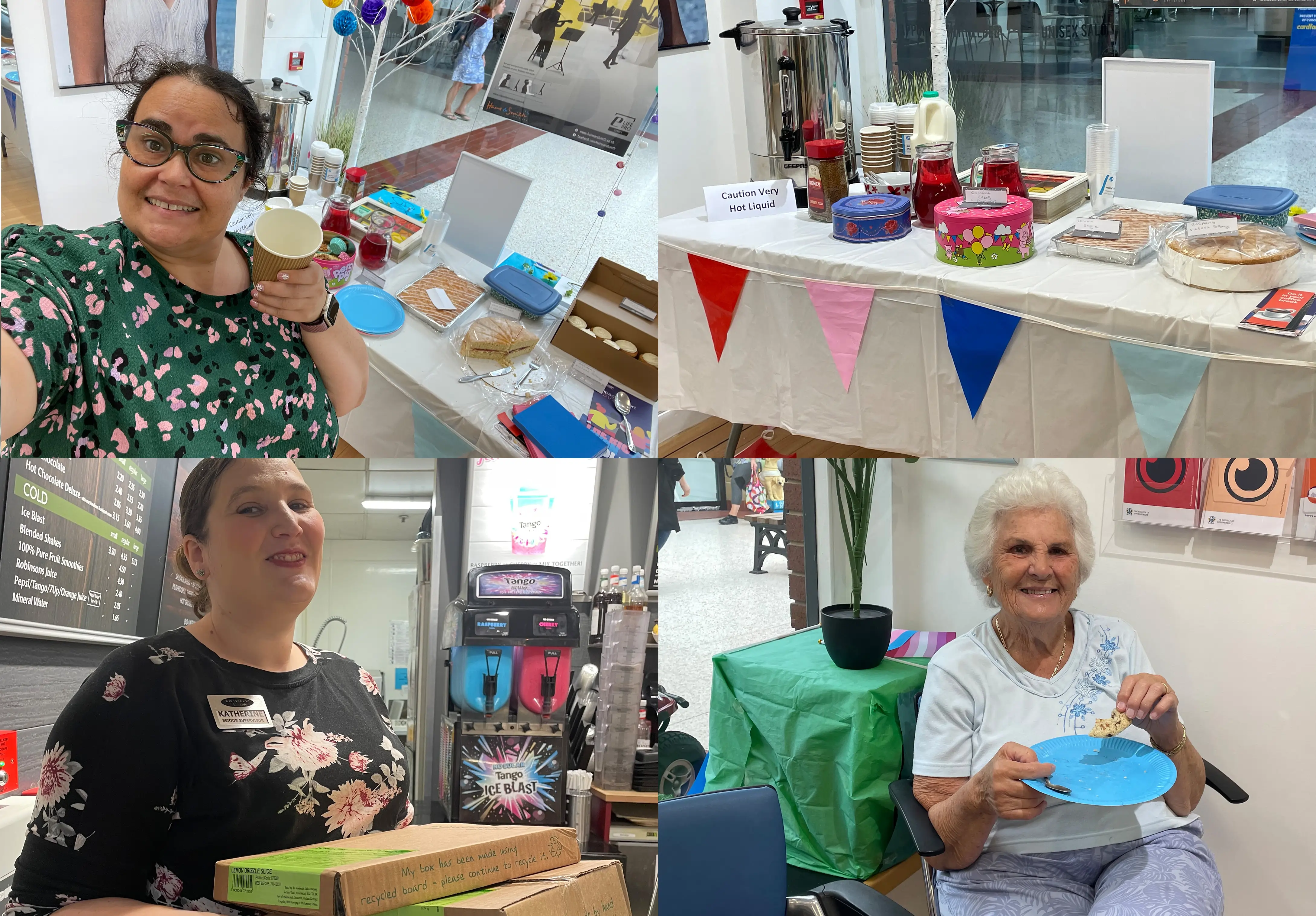Community event featuring refreshments, volunteers, and visitors enjoying tea, cakes, and conversation in a welcoming environment