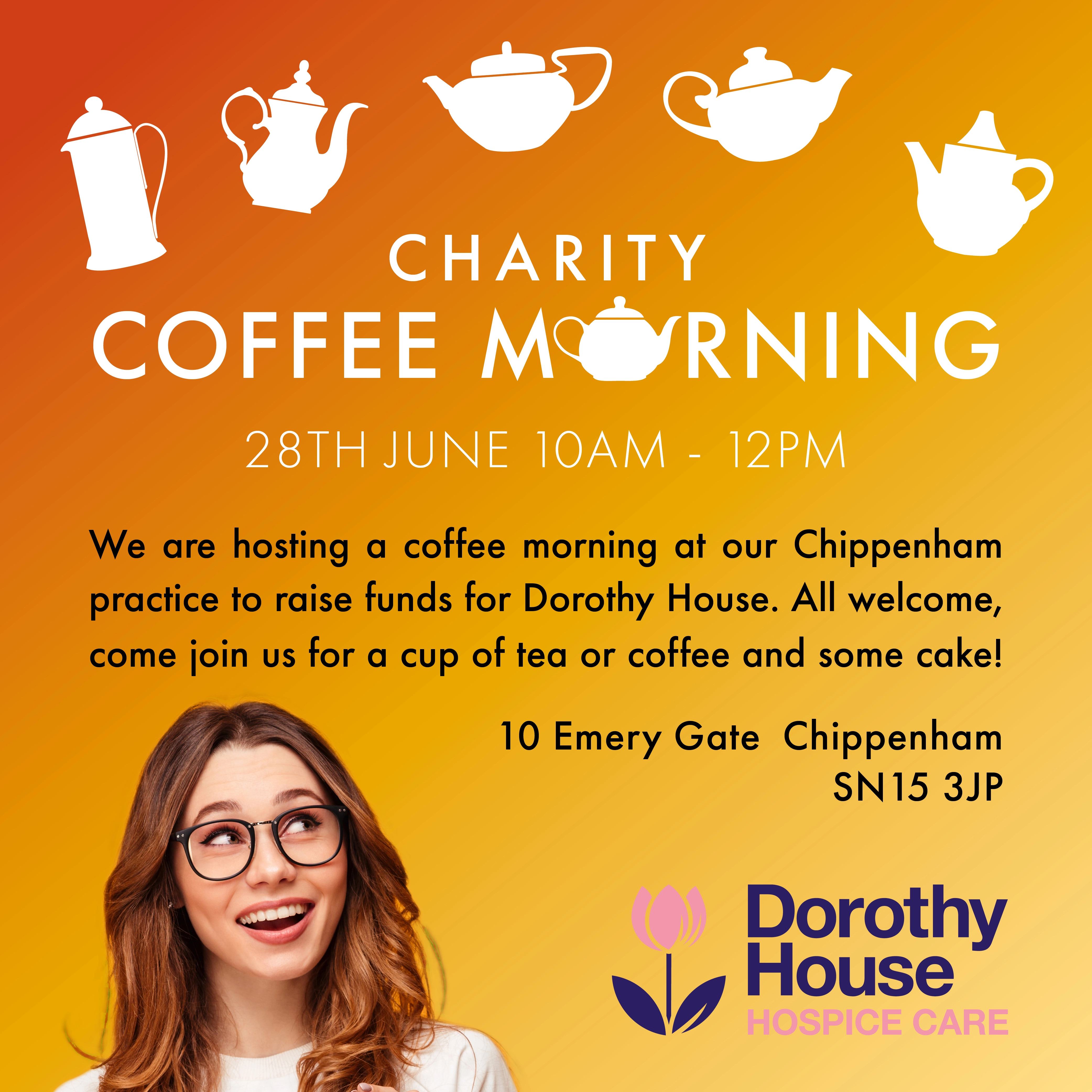 Haine & Smith Chippenham charity coffee morning poster supporting Dorothy House Hospice Care