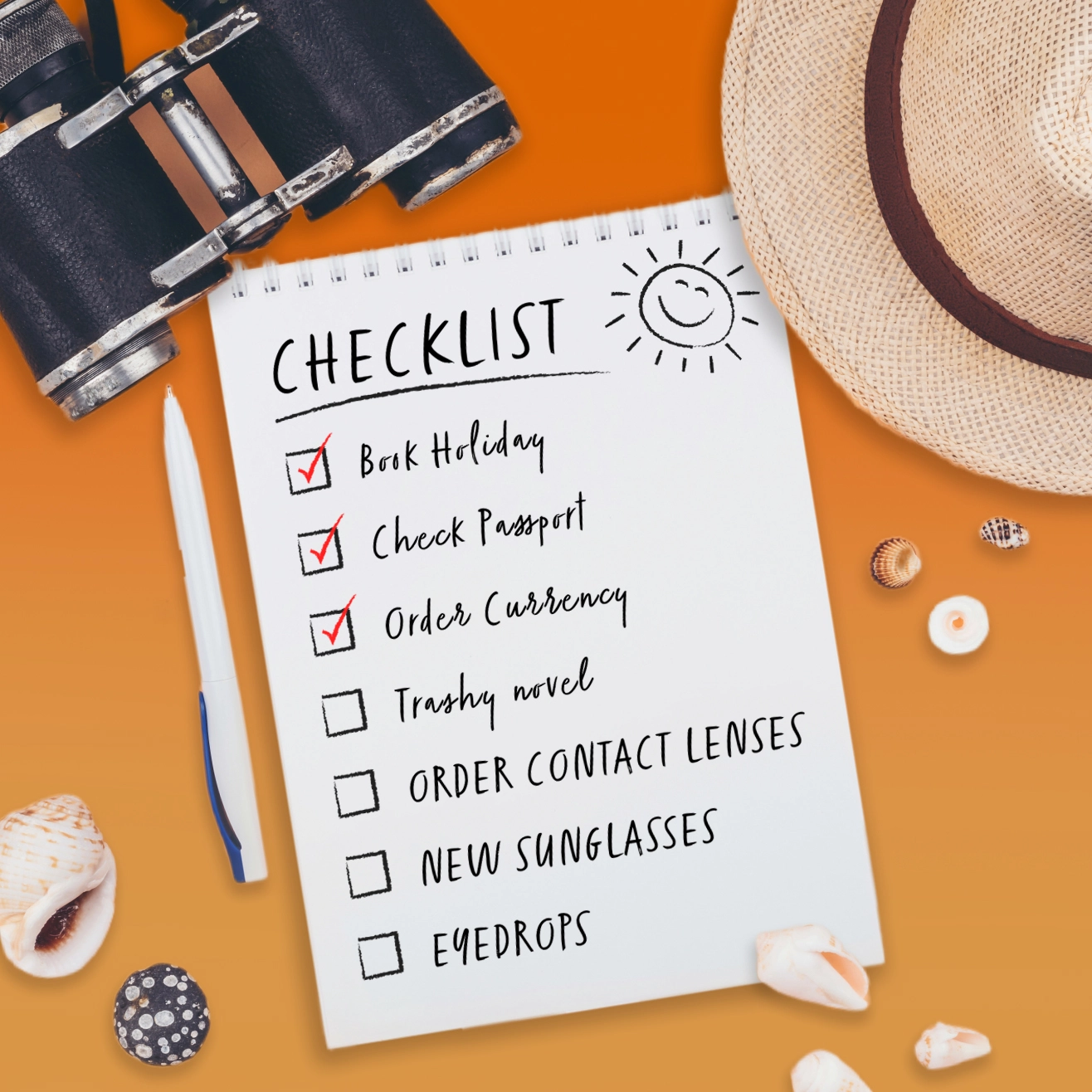Holiday travel checklist featuring contact lenses, sunglasses, and eye drops alongside travel accessories and beach items
