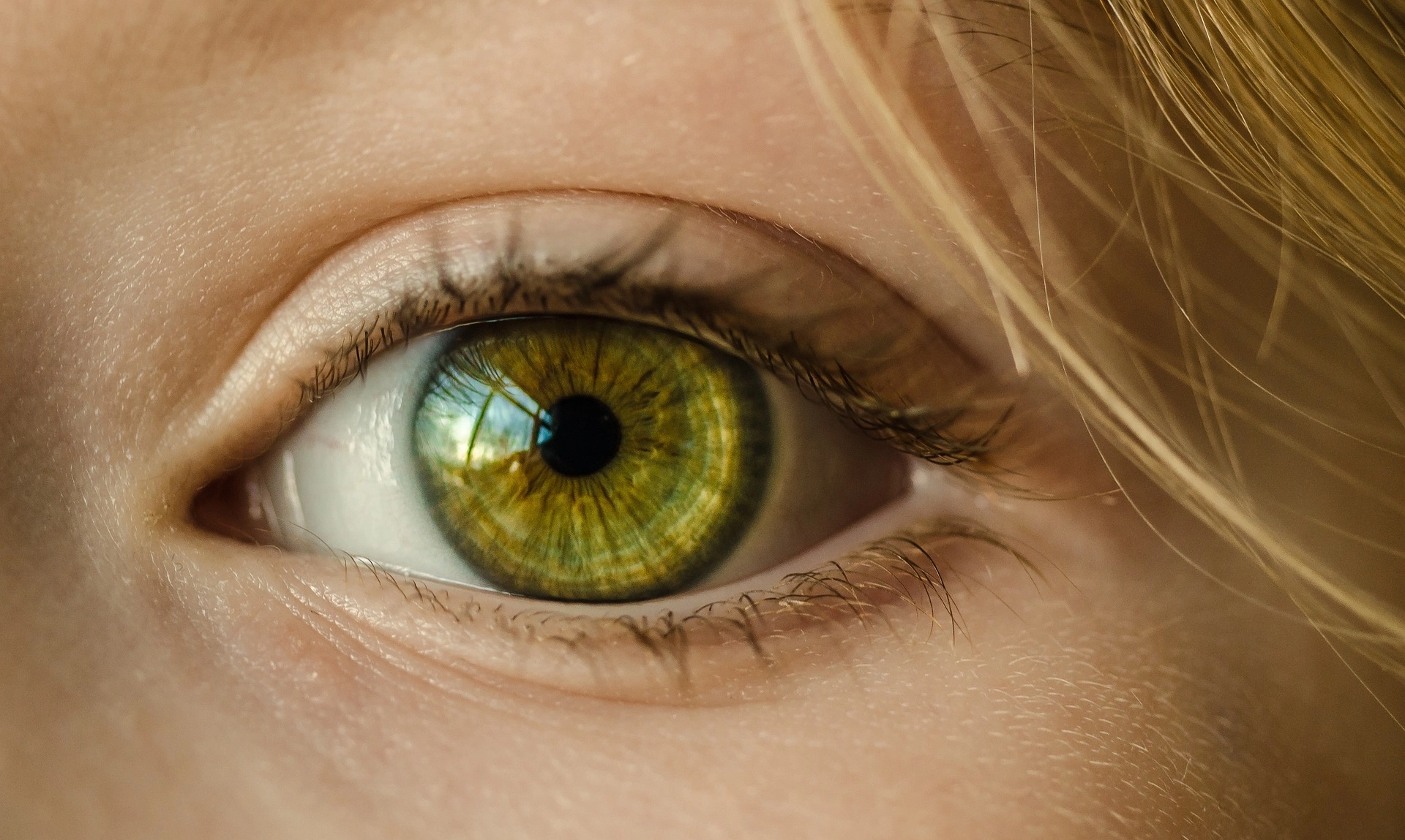 Close-up image of a healthy green eye showing detailed iris patterns and clear vision