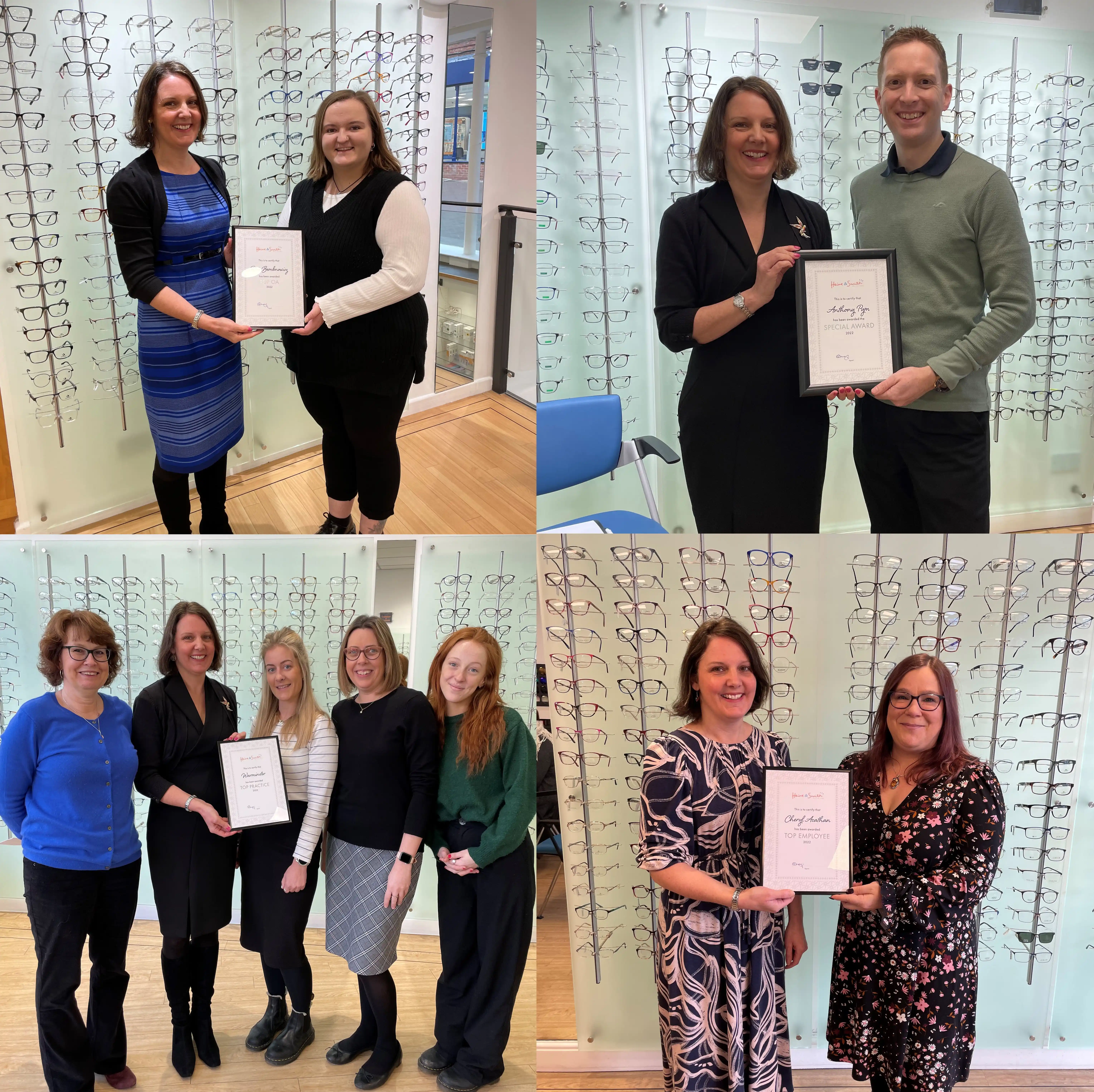 Team members receiving employee recognition awards inside an opticians practice, standing in front of eyewear displays
