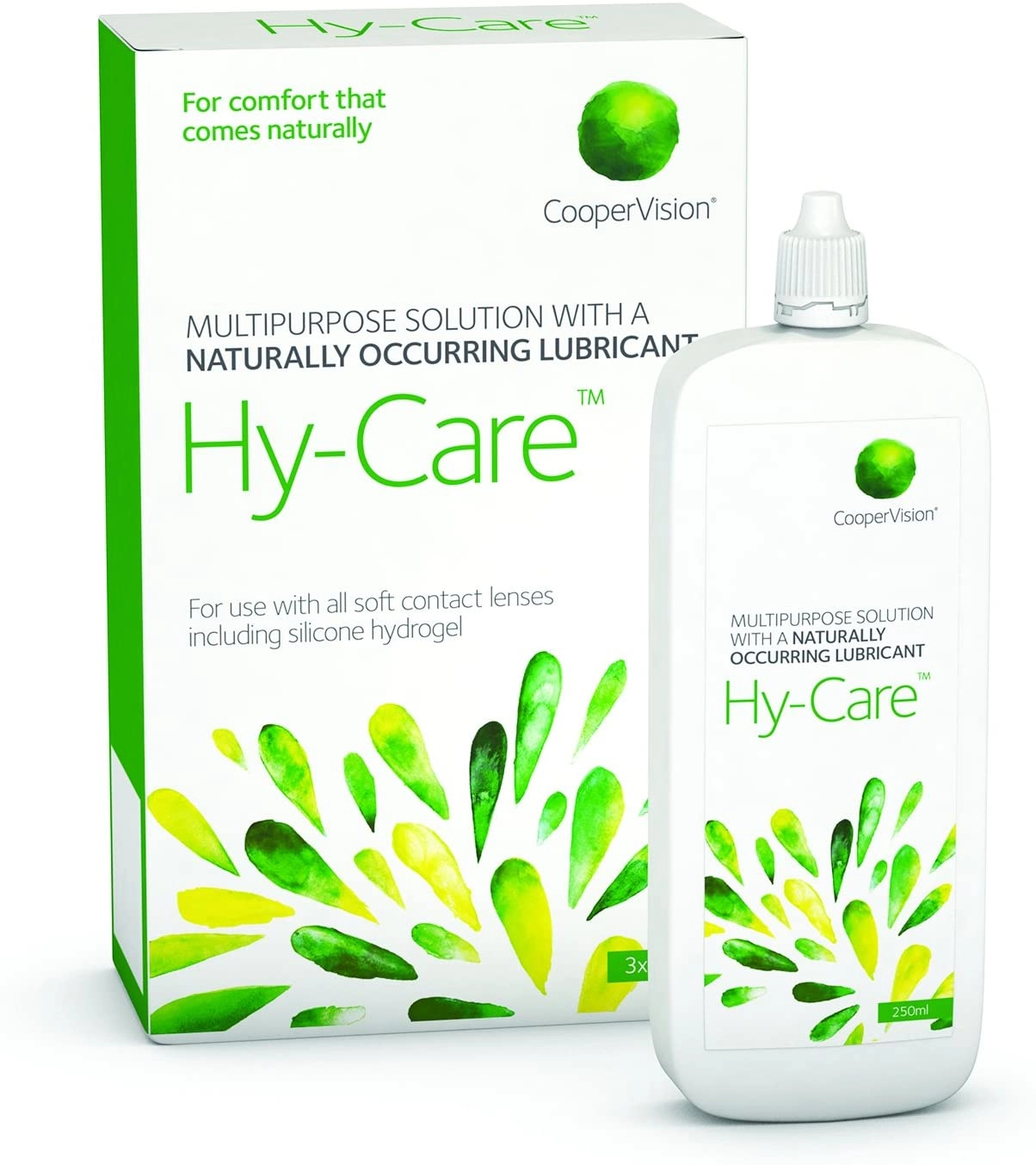 CooperVision Hy-Care multipurpose contact lens solution with storage bottle and product packaging