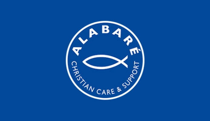 Alabaré Christian Care & Support logo featuring a fish symbol within a circular emblem on a blue background