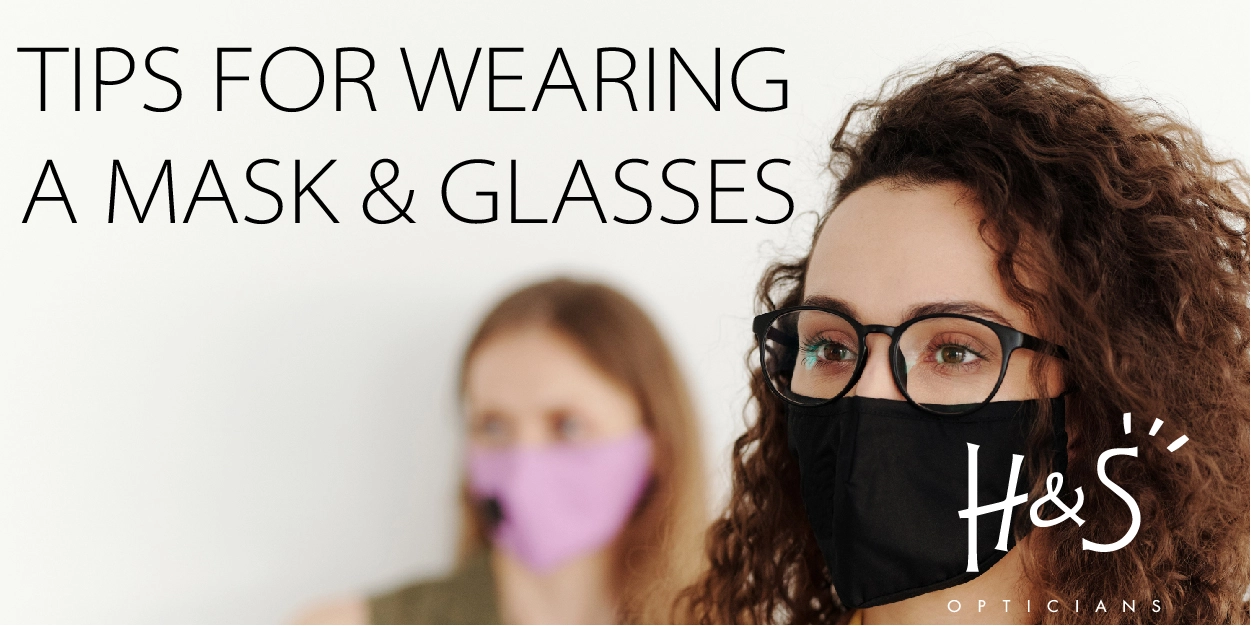 Woman wearing glasses and a face mask, with another masked person in the background, alongside tips for wearing a mask and glasses