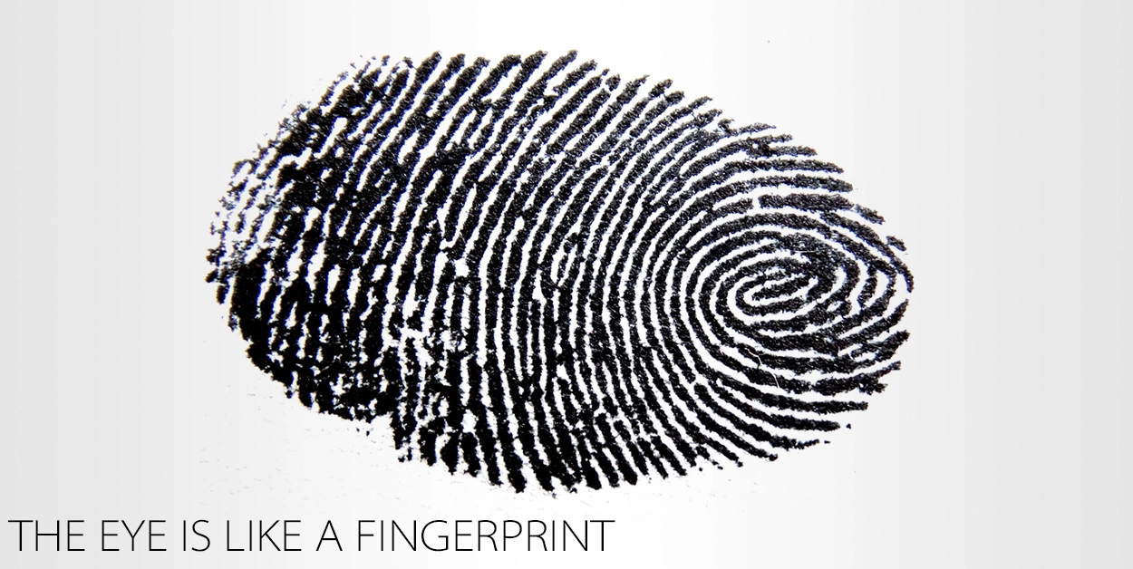 Fingerprint graphic accompanied by the phrase ‘The Eye Is Like a Fingerprint’, illustrating the uniqueness of every individual’s eyes