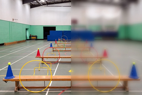 Indoor sports hall showing an obstacle course, with one side clear and the other blurred to demonstrate the effects of reduced vision