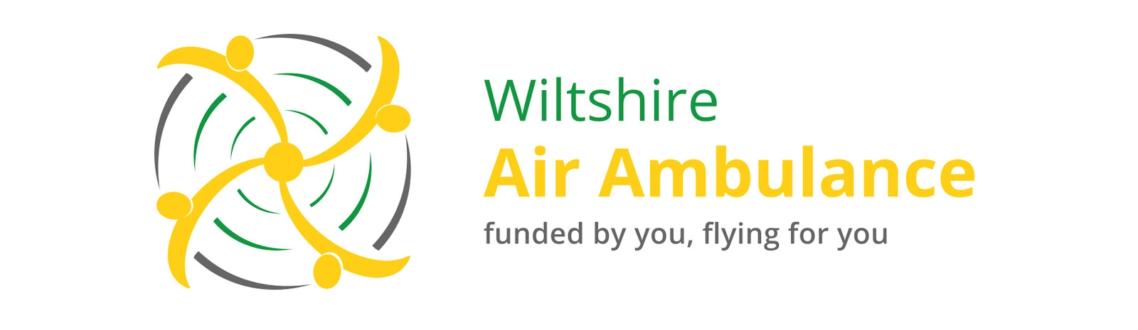 Wiltshire Air Ambulance logo featuring a yellow rotor-inspired design with the tagline ‘funded by you, flying for you’