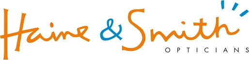 Haine & Smith Opticians logo featuring orange and blue lettering on a white background