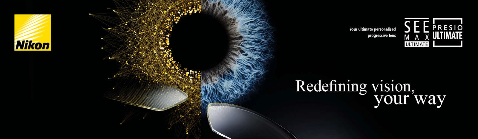 Nikon lens technology advertisement featuring a detailed iris graphic, progressive lenses, and the tagline 'Redefining vision, your way'