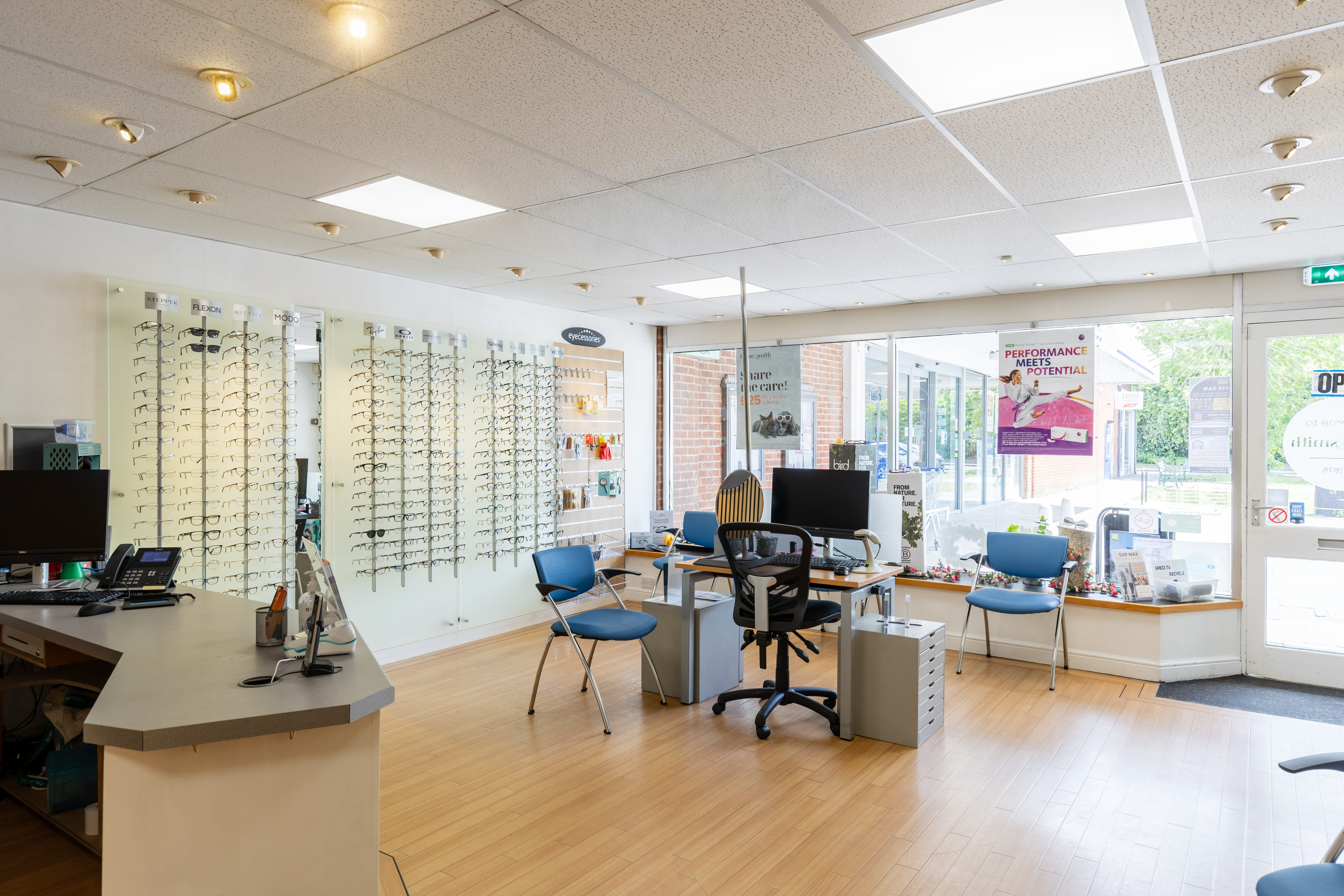 The open showroom floor of Haine & Smith Opticians, featuring walls lined with extensive eyeglass frame displays organised by brand, including Stepper, Flexon, and Modo. The light wood flooring, recessed panel ceiling lights, and large front windows allow 