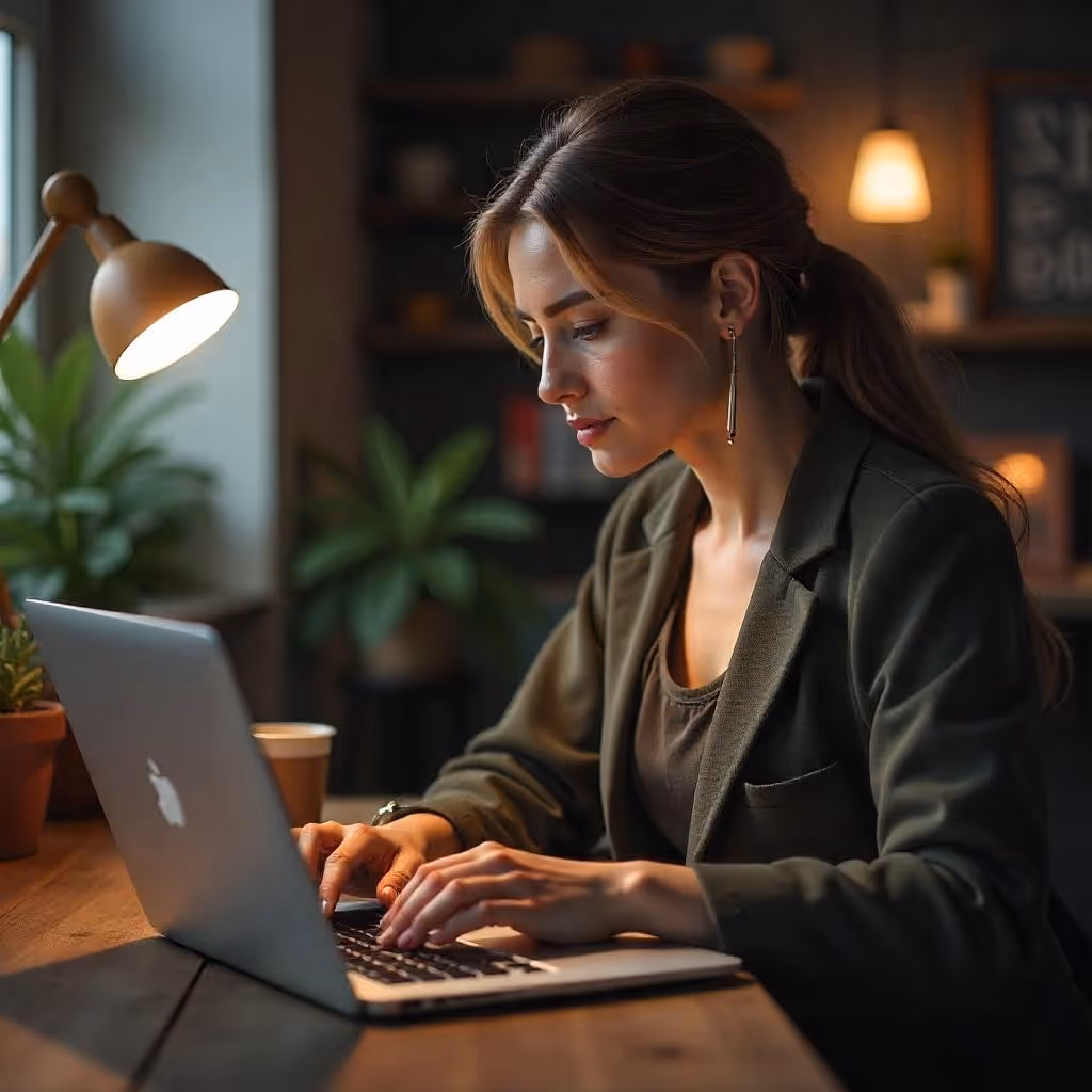 A woman sitting at a table using a laptop computer.