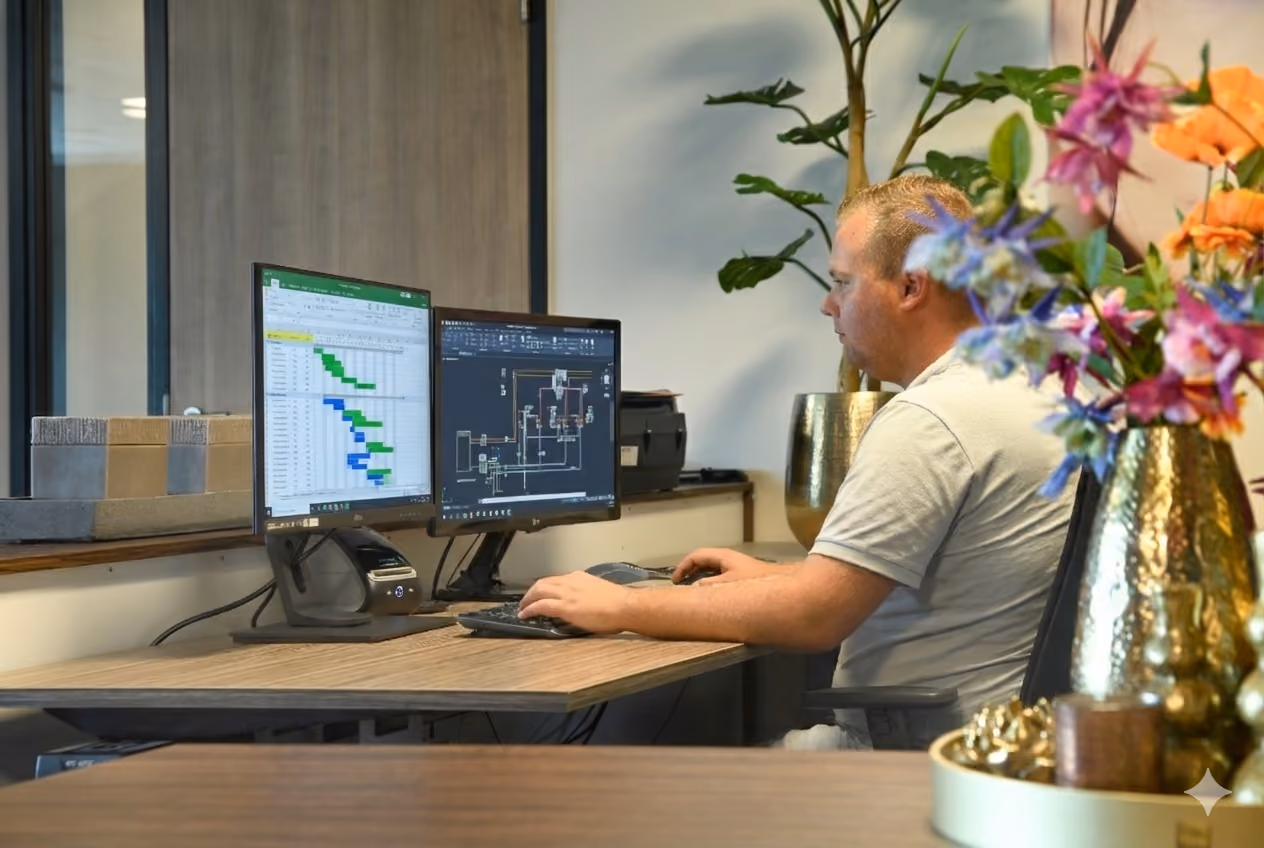 Man werkt aan bureau met twee computerschermen, één toont een spreadsheet en de ander technische schema's.