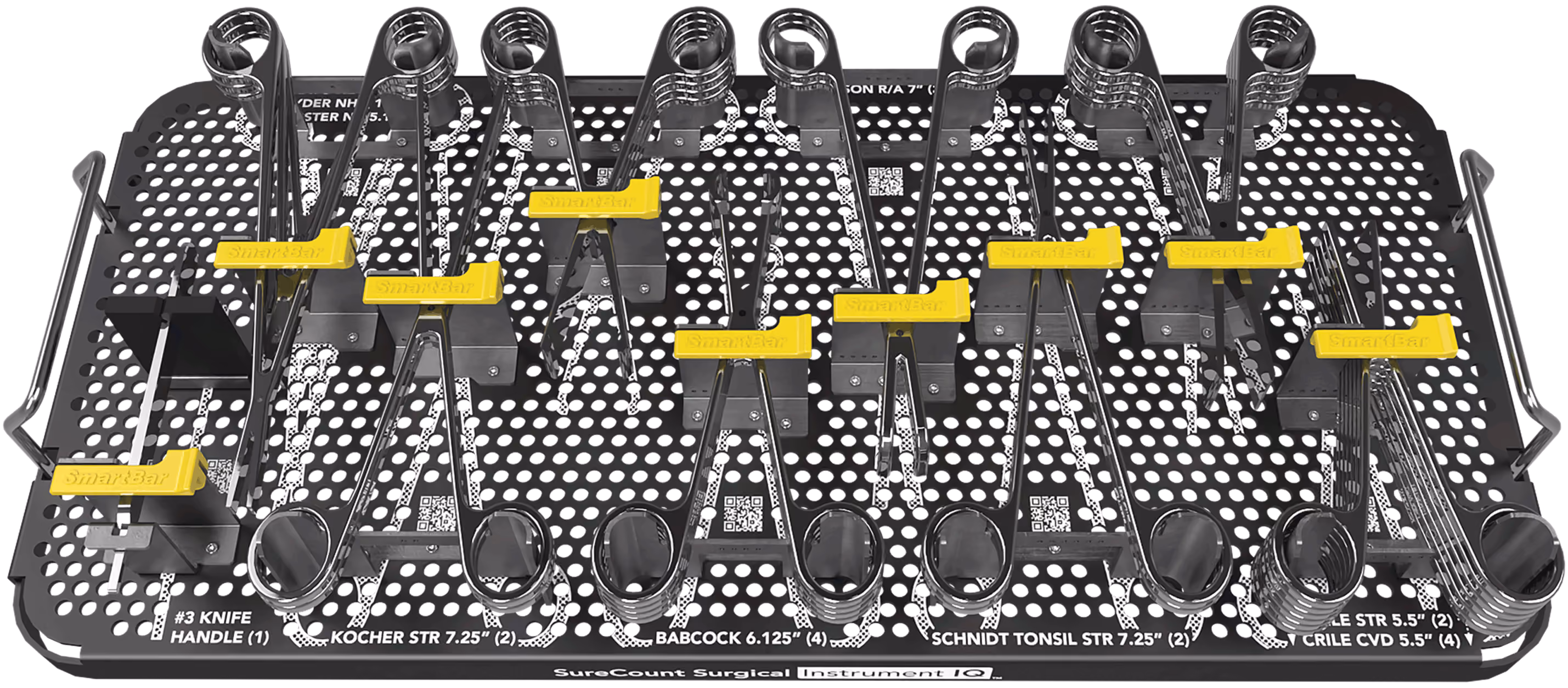 Fully loaded Instrument IQ tray showing both tiers of labeled surgical instruments