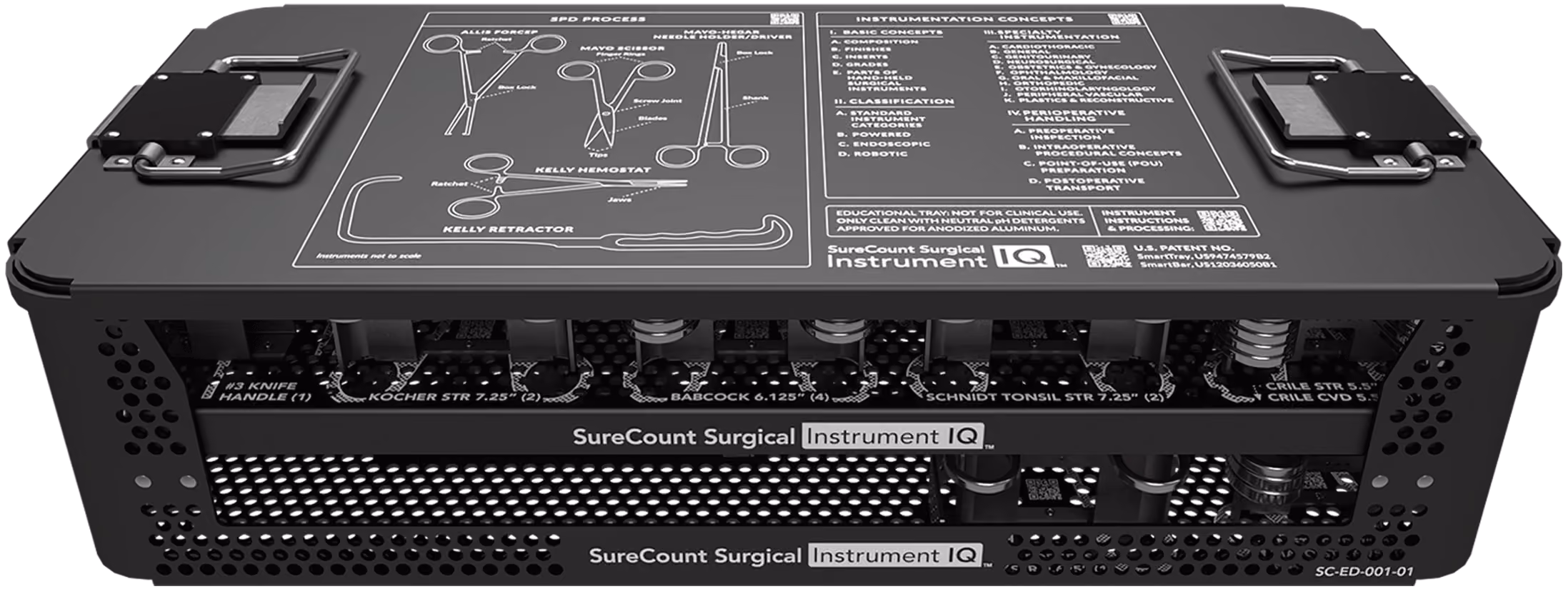 Instrument IQ tray fully loaded with labeled surgical instruments