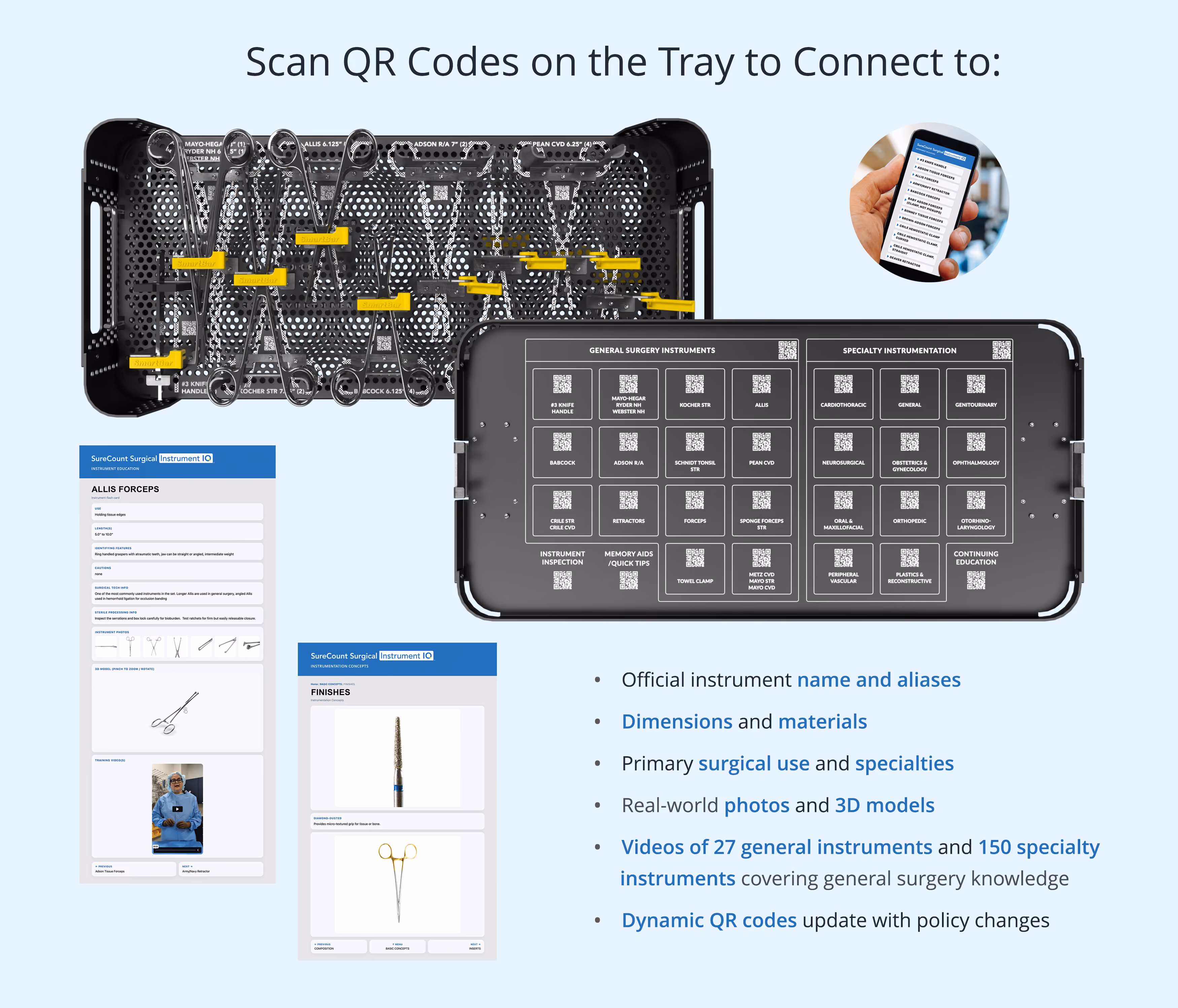 Scan QR codes on the Instrument IQ tray to connect to official instrument names, dimensions, surgical use, real-world photos, 3D models, and instructional videos