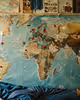 A bed adorned with a world map, representing the unity of global fan communities across different regions