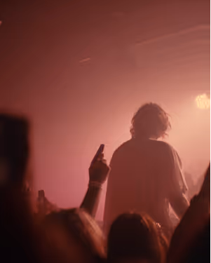 Performer on stage at a live event with audience hands raised.