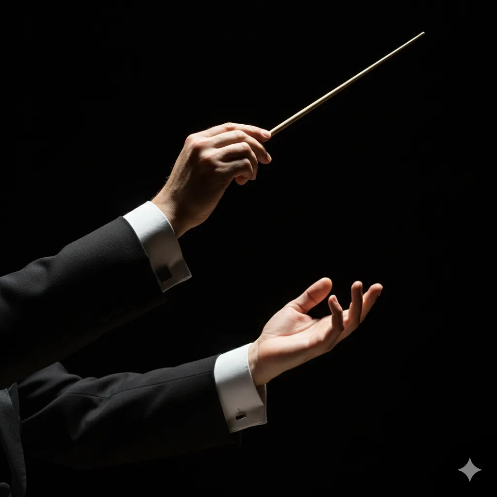 A conductor confidently holds a baton, guiding musicians with precision and artistry during a performance.