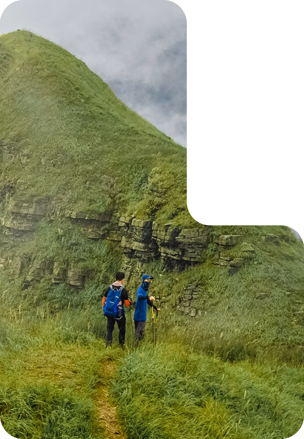 Two hikers climbing a lush green mountain slope symbolizing GovEVA’s ESG guidance and measurable results – 75% time saved, 100% reporting accuracy, 33% cost savings, and 60% collaboration efficiency.
